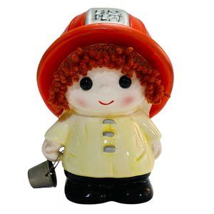 VTG Enesco Fire Fighter Coin Bank Figurine Big Eye Boy Anime Ceramic Yarn Hair